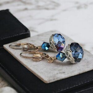 Blue Rondelle Drop Earrings with Silver Accents